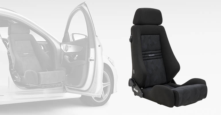 The Recaro seat superimposed over a faded image of a car with a swivel seat facing the viewer. 