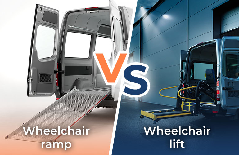 The text "Wheelchair ramp vs. Wheelchair lift" superimposed over the photo of a vehicle with a wheelchair ramp on the left and a wheelchair lift to the right. 