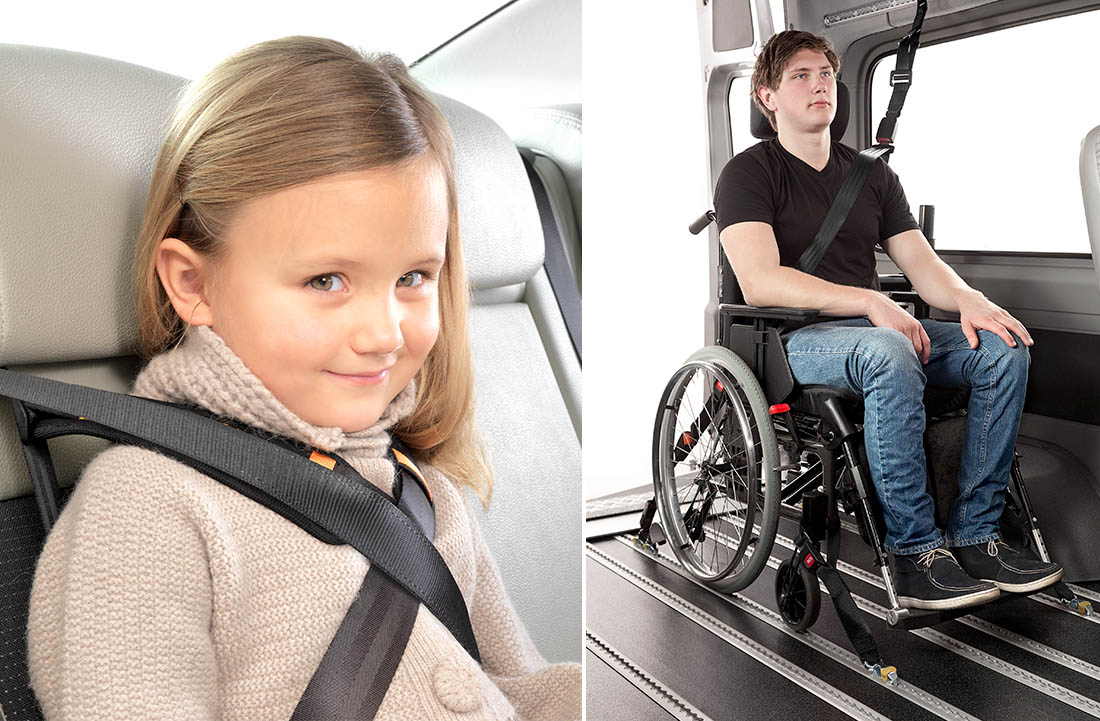 Girl and boy inside vehicles with different seat belt solutions