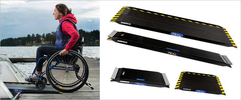Picture 1: woman on a wheelchari rolling into a boat using a ramp Picture 2: four different types of ramps