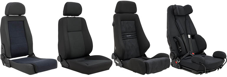 Four black aftermarket car seats beside each other