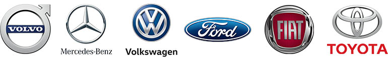 Logos von: Volvo, Mercedes-Benz, Volkswagen, Ford, FIAT und Toyota