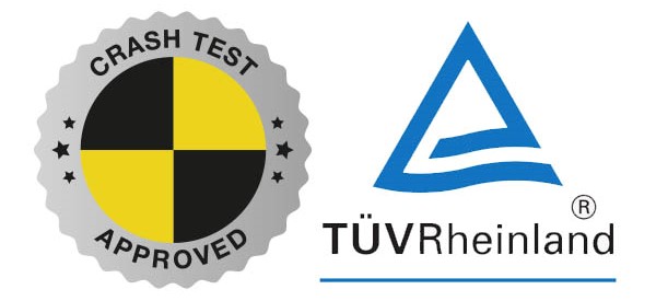 A crash test symbol and the logo for TÜV Rheinland 